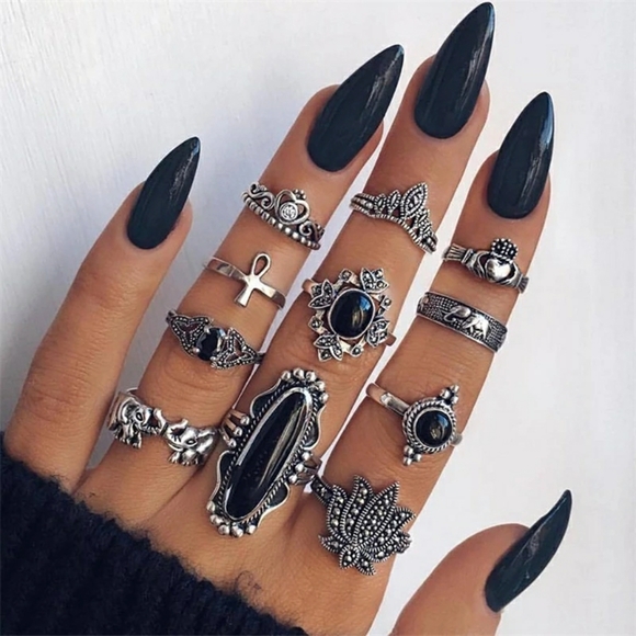 Jewelry - Boho Silver Black Lotus Elephant Heart Ring Setp